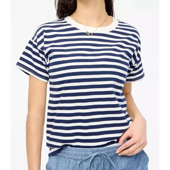 J. Crew Women's Navy White Striped Crew Neck Short Sleeve Tee Size Medium NWT - Picture 1 of 7